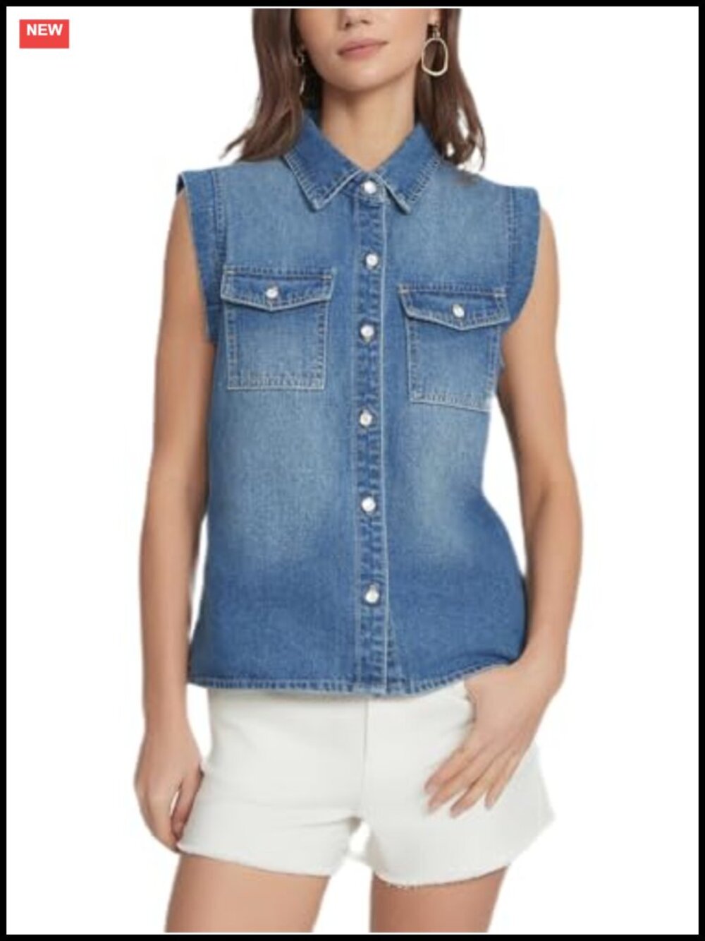 Women's Sleeveless Denim Vest Jacket Button Down Jean Shacket Summer Top